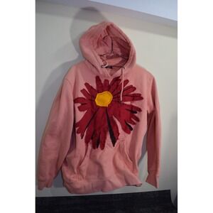 Rare Streetwear FLAMANTI Sewn Red Daisy Hoodie Sweatshirt MENS L Pink Salmon